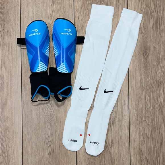 Nike Dri-Fit and Matrix Other - EUC - Nike White Dri-Fit Athletic Socks and Matrix Blue Shin Guards